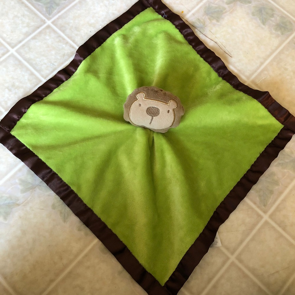 Baby Essentials Lion Lovey Security Blanket Green Velour Brown Satin‎ Rattles